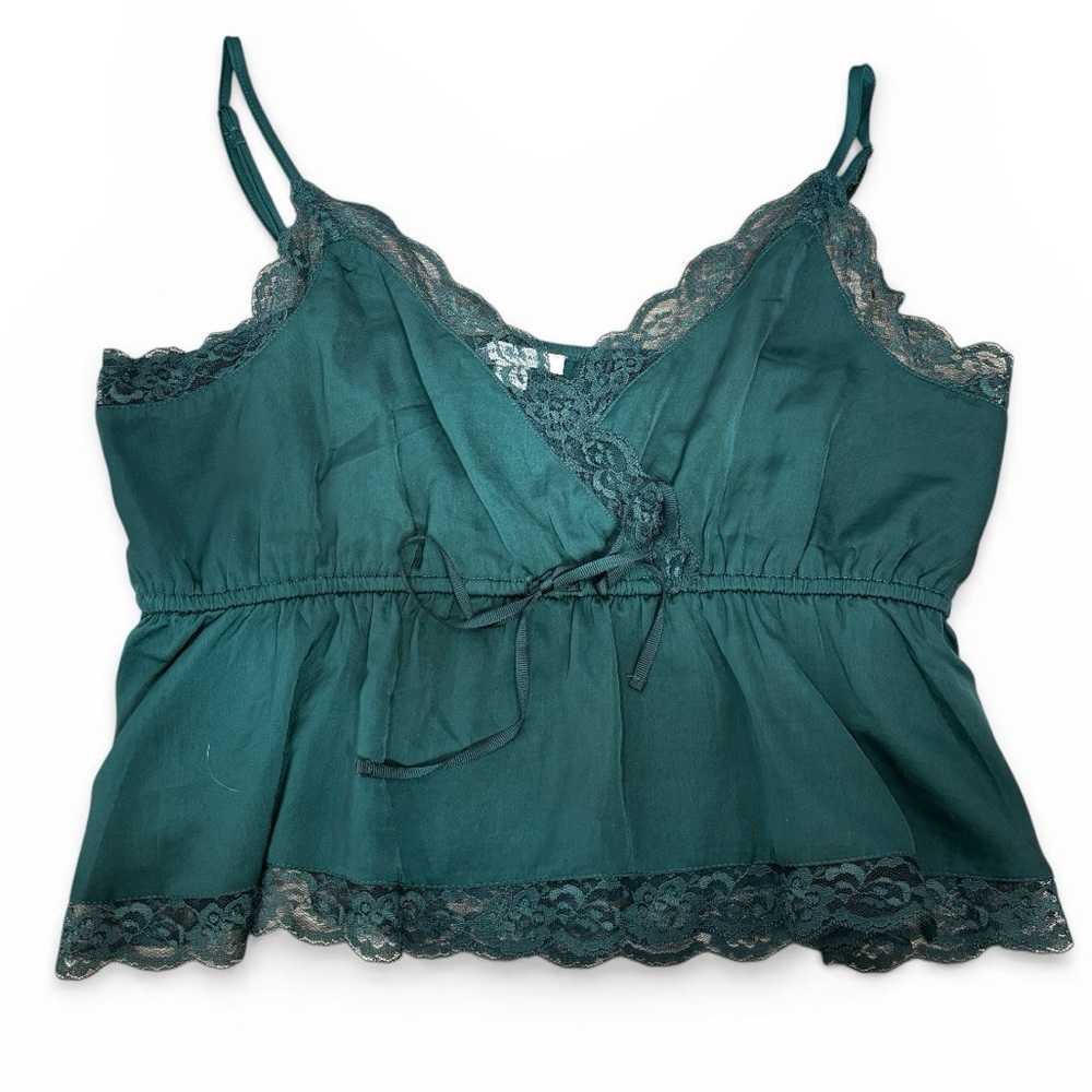 American Eagle Lace Cami Forest Green Cropped Babydoll Top Size Large Satin NWOT - Picture 2 of 11